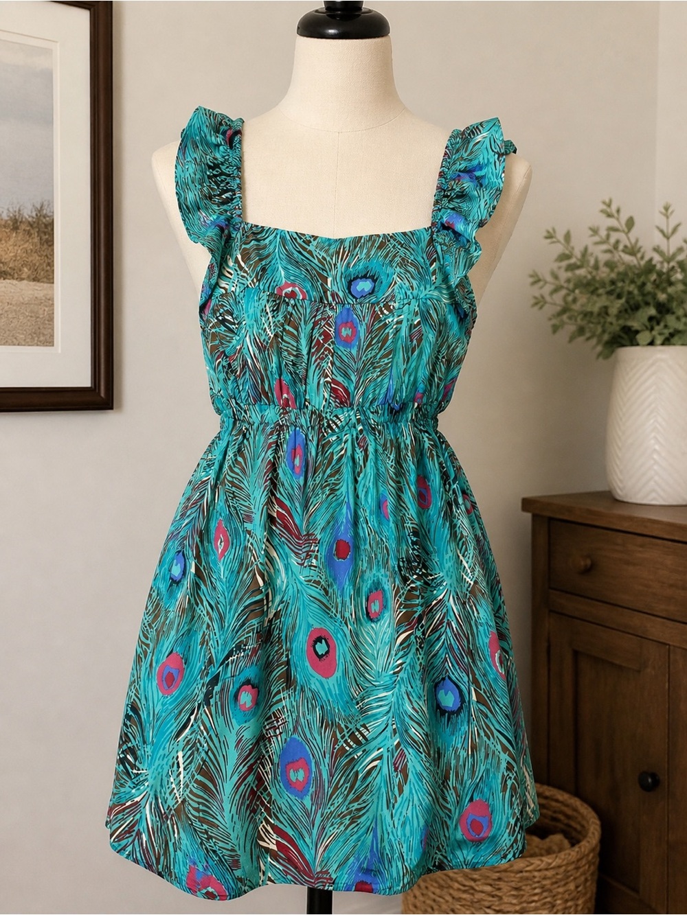 Veronica M Teal Peacock-Print Summer Dress